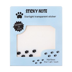 Блок с липким краем, 75×75 мм, 50 листов, прозрачные с блестками «Лапки»