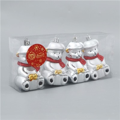 Ёлочная игрушка "Мишка в шарфике" (набор 4 шт) 5,5х8 см, серебро