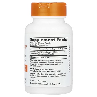 Doctor's Best, экстракт корицы с Cinnulin PF, 125 мг, 60 вегетарианских капсул