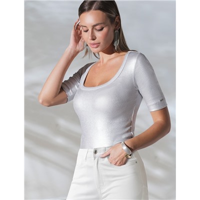 Футболка облегающая из хлопка в рубчик с U вырезом и матовым покрытием металлик