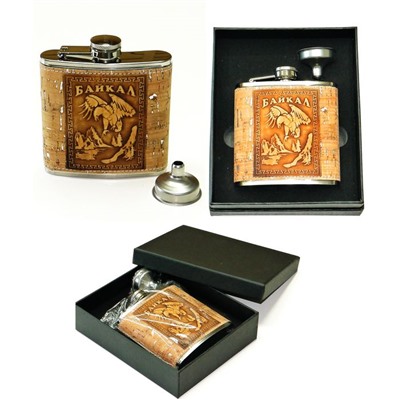 Н-р Фляжка металл, пробка, береста 6oz+воронка п/у Байкал Орел 11*9.5см