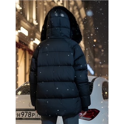 Куртка зимняя женская с мехом и капюшоном тренд черного цвета 7658Ch