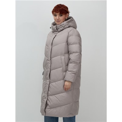 Пальто зимнее утепленное с капюшоном женское серого цвета 7623Sr