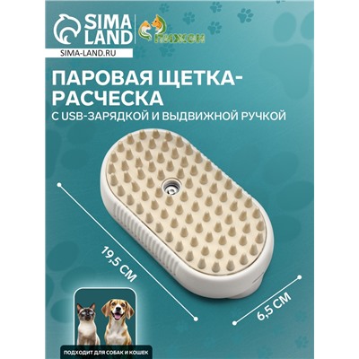 Паровая щетка-расческа для животных, с USB-зарядкой и выдвижной ручкой, белая