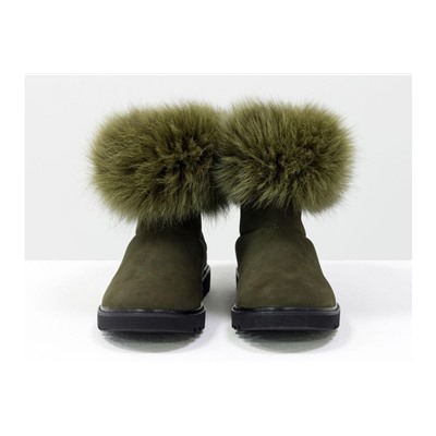 Женские ботиночки в стиле UGG из натуральной матовой кожи темно-зеленого цвета и натурального шикарного меха песца болотного цвета, коллекция Зима, Б-17113-09