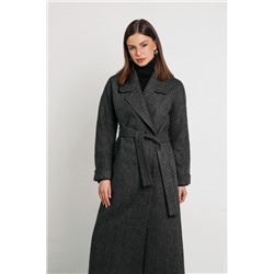 ШЕРСТЯНОЕ КЛАССИЧЕСКОЕ ПАЛЬТО МАКСИ С ПОЯСОМ, СЕРАЯ ЕЛОЧКА. АРТ. 397