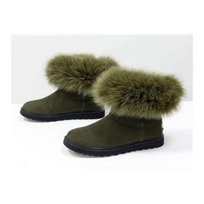 Женские ботиночки в стиле UGG из натуральной матовой кожи темно-зеленого цвета и натурального шикарного меха песца болотного цвета, коллекция Зима, Б-17113-09