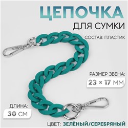 Цепочка для сумки, с карабинами, пластиковая, 23×17 мм, 30 см, цвет зелёный, серебряный