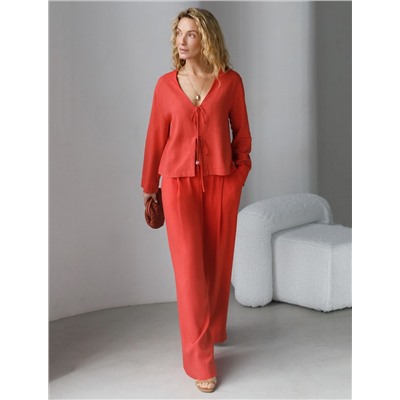 Свободные брюки палаццо на эластичном поясе изо льна с вискозой