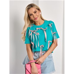 Футболка трикотажная бирюзовая с бантиками