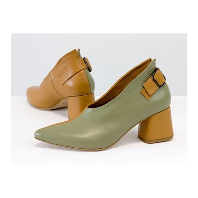 Дизайнерские туфли перчатки (glove shoes) с ремешком, на невысоком обтяжном каблуке, выполнены из натуральной итальянской кожи фисташкового и табачного цвета, Новая Коллекция от Gino Figini, Т-2056-14