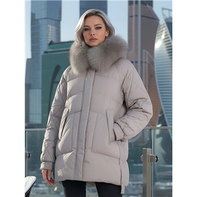 Куртка зимняя женская с мехом и капюшоном тренд светло-коричневого цвета 7608SK