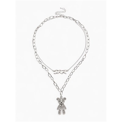 Кулон «Цепь» мишка в стразах, цвет белый в серебре, L=50 см