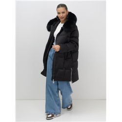 Пальто зимнее утепленное с мехом и капюшоном тренд черного цвета 7630Ch