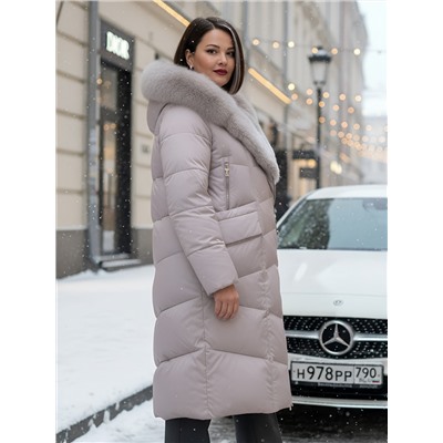 Двубортное пальто зимнее утепленное с мехом и капюшоном светло-коричневого цвета 7626SK