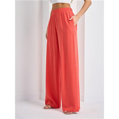 Брюки льняные кораллового цвета с карманами
