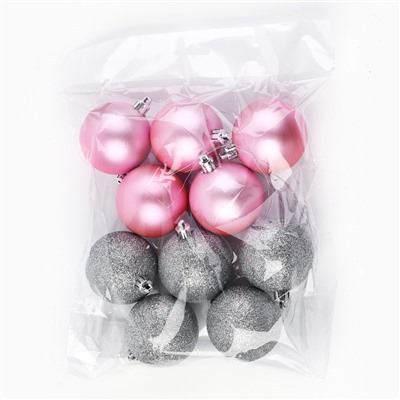 Ёлочные игрушки, шары новогодние, украшение на Новый год, d=6 см, 10 шт., цвет розовый и серебристый