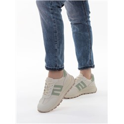 03-WG040-1M MILK/GREEN Кроссовки демисезонные женские (натуральная кожа)