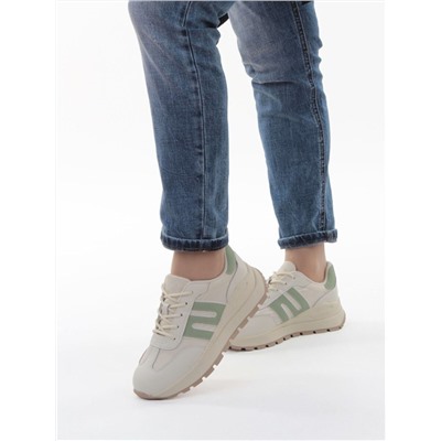 03-WG040-1M MILK/GREEN Кроссовки демисезонные женские (натуральная кожа)