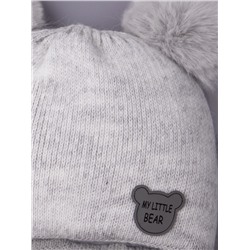 Шапка вязаная детская с двумя помпонами на завязках, нашивка MY LITTLE BEAR, светло-серый