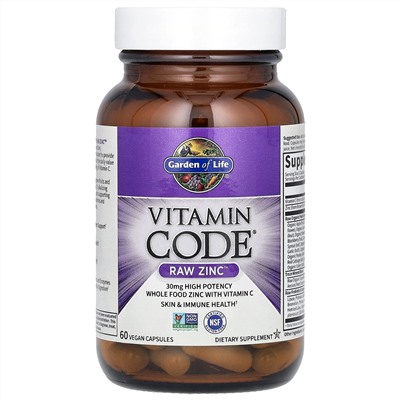 Garden of Life, Vitamin Code, RAW Zinc, 60 веганских капсул