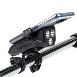 Фонарь передний COMIRON "HOLDER" ABS, IPX5; 3*T6 LED, 400lm 4800mAh USB индикатор заряда POWER BANK сигнал 130Дб крепление смартфона чёрный /уп 20/80/