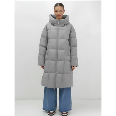 Пальто зимнее утепленное с капюшоном женское серого цвета 7741Sr