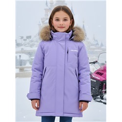Парка зимняя подростковая для девочки с капюшоном и мехом фиолетового цвета 9532F