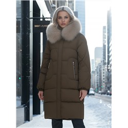 Пальто зимнее утепленное с мехом и капюшоном тренд горчичного цвета 7629G