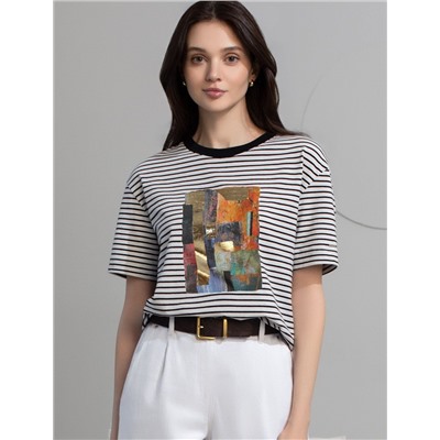 Свободная футболка в черно-белую полоску с принтом из премиального хлопка с эластаном