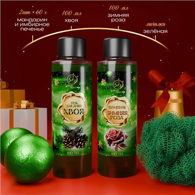 Новогодний подарочный набор косметики SB BEAUTY «Новогодние забавы», гель для душа, шампунь, мочалка, бомбочка ×2, зеленая серия