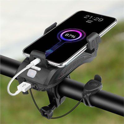 Фонарь передний COMIRON "HOLDER" ABS, IPX5; 3*T6 LED, 400lm 4800mAh USB индикатор заряда POWER BANK сигнал 130Дб крепление смартфона чёрный /уп 20/80/