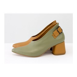 Дизайнерские туфли перчатки (glove shoes) с ремешком, на невысоком обтяжном каблуке, выполнены из натуральной итальянской кожи фисташкового и табачного цвета, Новая Коллекция от Gino Figini, Т-2056-14