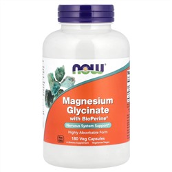 NOW Foods, глицинат магния с BioPerine®, 180 растительных капсул