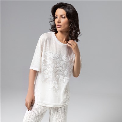 Футболка комбинированная с вышивкой, Буду тебе сниться (айвори)