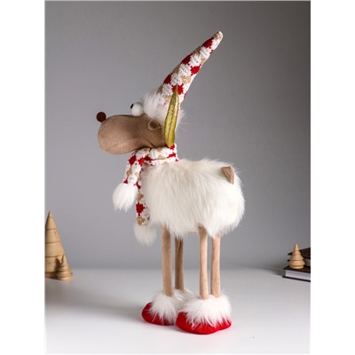 Интерьерная кукла текстильная «Лосик в белой шубе, колпаке и шарфе с узорами», 22×12×48 см