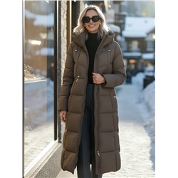 Пальто зимнее утепленное с капюшоном женское светло-коричневого цвета 7729SK