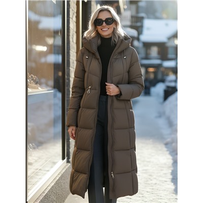 Пальто зимнее утепленное с капюшоном женское светло-коричневого цвета 7729SK