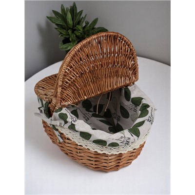 Плетёная корзина-лукошко, ткань внутри, 2е крышки, 33×25 см, Н 17/13 см, Н с ручкой 30 см, дно 23×16 см 1