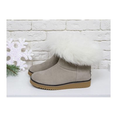 Женские ботиночки в стиле UGG из натуральной замши бежевого цвета и натурального шикарного меха песца, коллекция , Б-17113