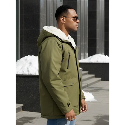 Парка мужская зимняя удлиненная с мехом цвета хаки 8761Kh