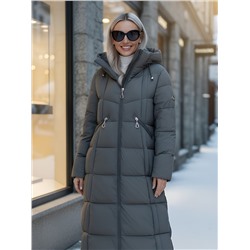 Пальто зимнее утепленное с капюшоном женское темно-серого цвета 7729TC