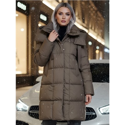 Пальто зимнее утепленное с капюшоном женское коричневого цвета 7700K