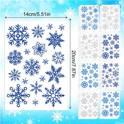 Наклейки СНЕЖИНКИ блестящие с глиттером Универсальные для творчества, Набор 9 листов 14*20 см. 3 цвета