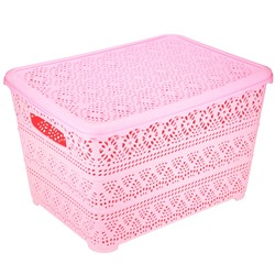 "Домашняя мода" Корзина-ящик пластмассовая для хранения "Вышивка" 33,5х26см h20,8см, матовый пластик, с крышкой, с ручками, розовый (Китай)