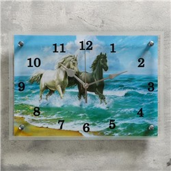 Часы-картина настенные, серия: Животный мир, "Лошади в море", 25х35  см