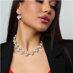 Комплект: жемчужное ожерелье на шею и серьги, цвет: серебристый, вставка: жемчуг исск.перламутровый белый и фианиты, арт.001.688