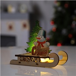 Светодиодная фигура «Сани со снеговиком» 15.5 × 12 × 5.5 см, дерево, батарейки LR1130х3, свечение тёплое белое