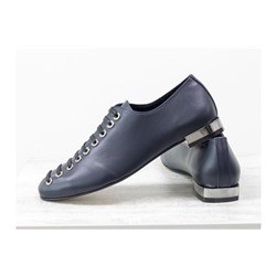 Новые дизайнерские туфли от Gino Figini на шнуровке по всей высоте, из кожи синего цвета , на удобном невысоком серебряном каблуке, Т-1915-04