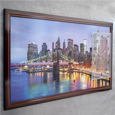 Часы-картина настенные, серия: Город, "Рассвет в Нью-Йорке", 50 х 100 см